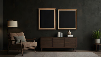 Mockup frame on cabinet in living room interior on empty dark wall background