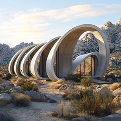 A futuristic sculpture of layered matte concrete arcs mimicking peacock feathers, with metal-trimmed openings and a panoramic glass core, set in a sunlit rocky landscape.