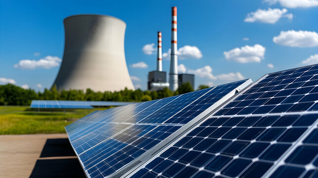 Solar panels capture sunlight near a power plant, representing the shift towards renewable energy sources in sustainable practices