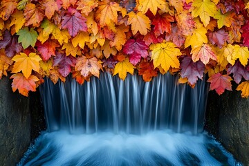 A cascade of water flows through a curtain of colorful autumn leaves, a peaceful haven.