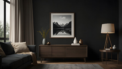 Mockup frame on cabinet in living room interior on empty dark wall background