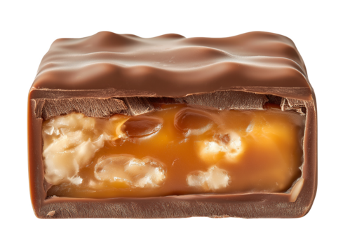Chocolate bar with caramel and nuts isolated on transparent background