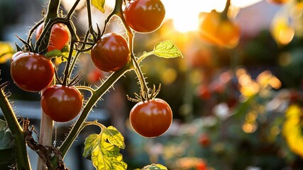 Freshly ripened tomatoes hanging on a vine in a garden during sunset