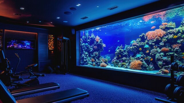 Luxurious gym with a stunning aquarium view and modern workout equipment, creating a serene exercise environment