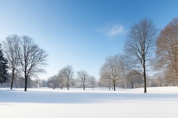 Fototapeta premium snow-covered park under clear blue sky with bare trees gently lit by winter sunshine provides serene outdoor scene