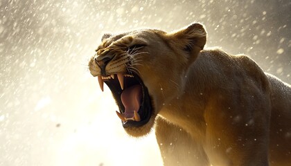 Lioness roaring outdoors in the savannah at sunrise