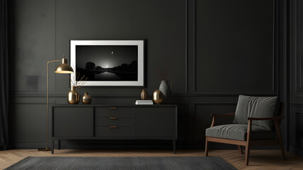 Mockup frame on cabinet in living room interior on empty dark wall background