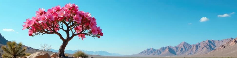 Naklejka premium Desert Rose tree in full bloom against blue sky, greenery, arid landscape, succulent plant