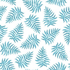 Seamless tropical pattern with blue hand drawn branches.