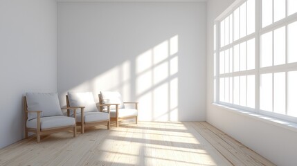 Fototapeta premium Bright and airy modern living space featuring comfortable chairs and large windows