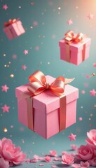 Obraz premium gorgeous pink gift boxes adorned with gold ribbon, suspended in a dreamy environment, gift wrapping ideas,, whimsical feel