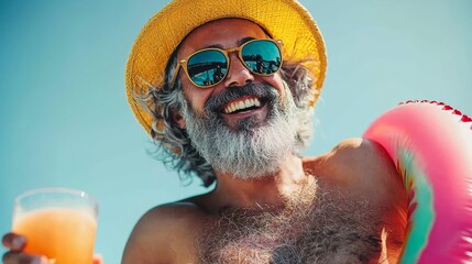 Cheerful Man Enjoying Summer: Cocktail and Inflatable Ring