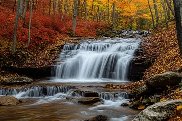 Rideaux Cascades A gentle cascade flows through a forest dressed in autumna??s finest, a canvas of red, orange, and yellow.  © Zeeshan