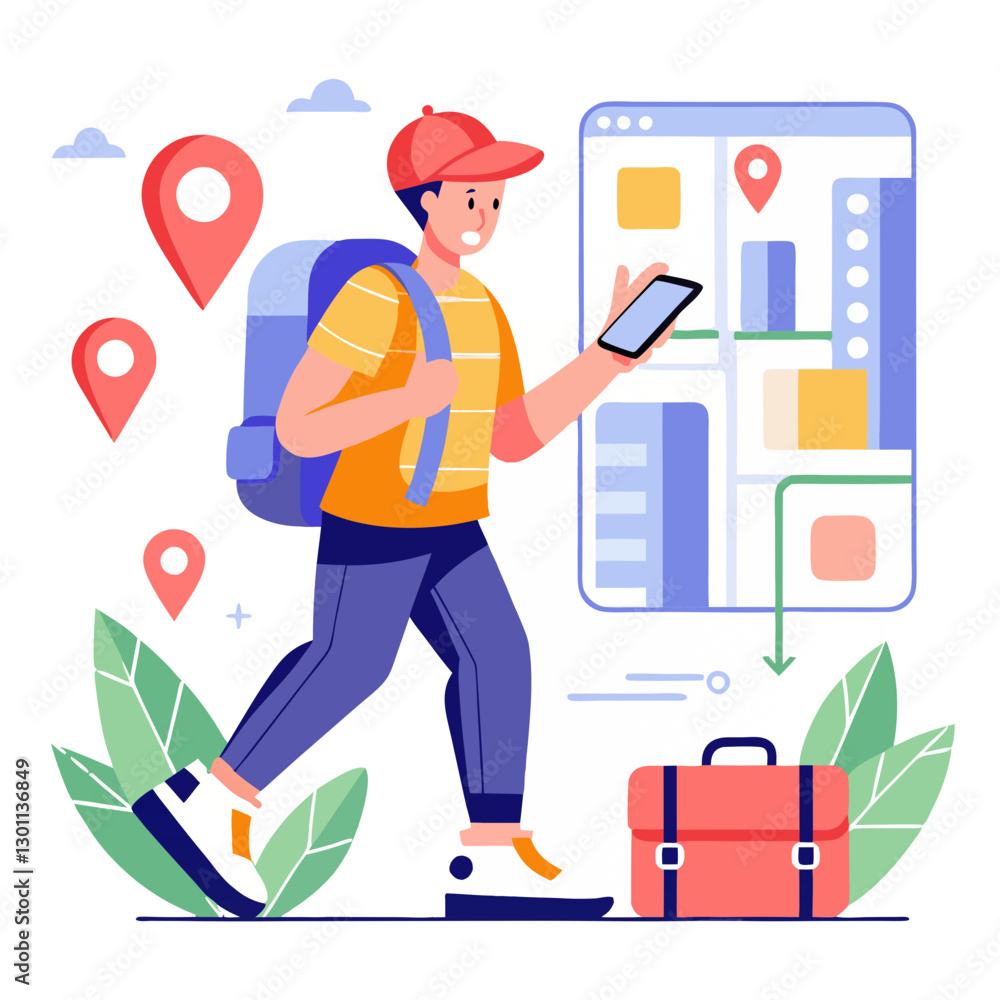 Poster a courier is actively using a mobile app to find delivery routes, walking through the city with a ba