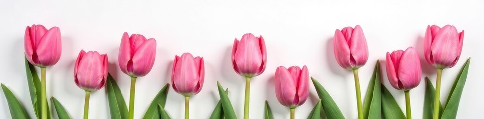 Fototapeta premium Pink tulips scattered on a white background with gentle stems, garden, stems, petals
