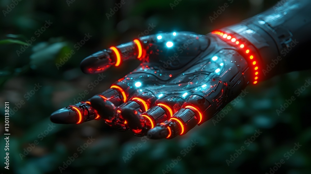 Poster glowing robotic hand connecting to control system symbolizing human tech synergy