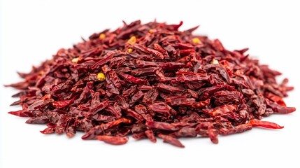 Pile of dried red chili peppers on white background