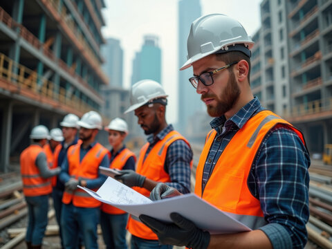 Trabajadores del sitio de construcci&oacute;n que garantizan medidas de mitigaci&oacute;n de riesgos, seguridad de andamios de gran altura, verificaci&oacute;n de cumplimiento, planes de ingenier&iacute;a detallados, alto realis