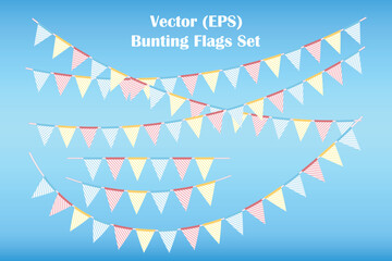 Obraz premium Bunting flags set, Pink, Blue and Yellow Striped triangle vector pennants hanging on the rope. Colorful flag garland for party and holiday decorations