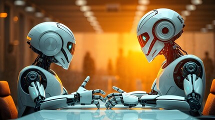 Fototapeta premium Two AI robots having a business discussion in a corporate environment