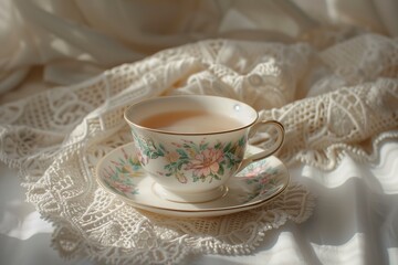 A delicate porcelain tea cup with floral design resting on lace, reflecting tranquility and elegance in everyday life.