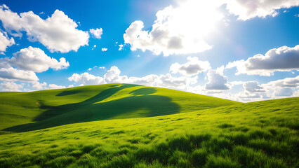 Fototapeta premium A breathtaking landscape of rolling green hills under a bright blue sky with fluffy clouds, offering a scenic and peaceful nature view