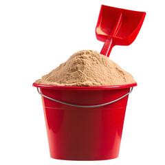 Sand in Red Bucket with Shovel, isolated on transparent or white background