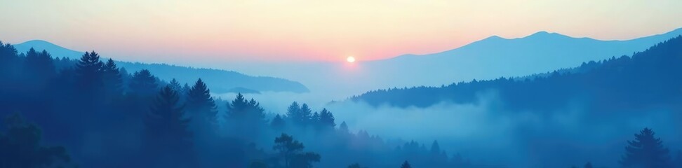 Obraz premium Soft blue misty gradient over a serene forest landscape at dawn, nature, dawn, gradient