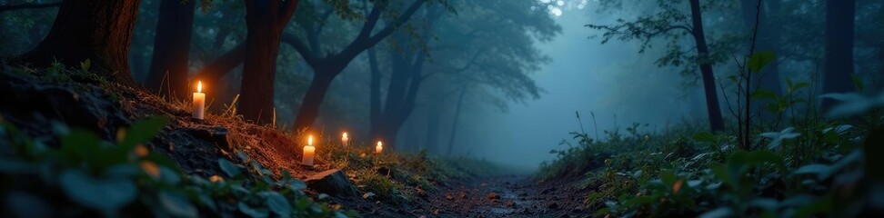 Fototapeta premium Soft candlelight casting shadows on misty forest floor, mystical, ambiance