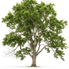 Obraz premium A symmetrical and well defined sycamore tree with rich green leaves and a strong, tall trunk, set against a stark white background for contrast