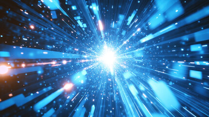 Fototapeta premium Abstract blue hyperspace jump with glowing particles and light speed streaks