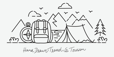 Hand Drawn Travel and Tourism Vector Illustration – Black and White Outdoor Adventure Line Art with Backpack, Compass, Tent, Mountains, and Trees