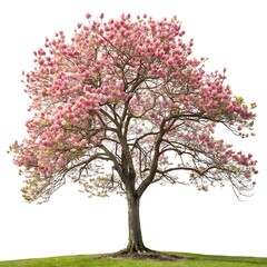 Obraz premium A blooming tulip tree with beautiful pink blossoms and spring green leaves, photographed with a clean white background for a striking visual focus