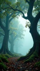 Fototapeta premium White fog wraps around the branches of ancient trees in a mystical forest, earthy scent, leaves, atmosphere