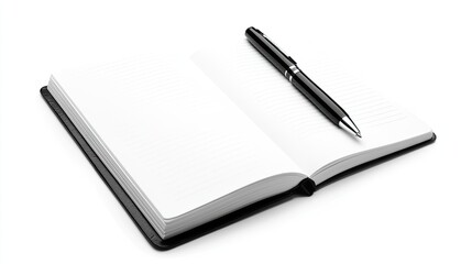 Open blank notebook with black pen on white background