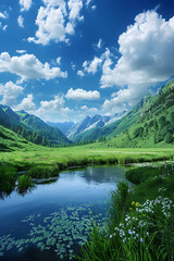 Breathtaking Mountain Valley with Meandering River and Wildflowers Under a Brilliant Blue Sky
