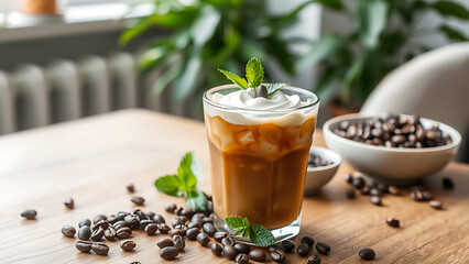 Fototapeta premium Iced coffee with whipped cream and roasted beans on wooden table, refreshing summer drink, coffeehouse style, perfect for caffeine lovers