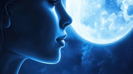 Obraz premium Serene Woman Profile Against Bright Blue Moonlight Glow