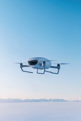 aerial view of sleek modern drone hovering against clear blue sky emphasizing its streamlined design