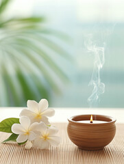 serene spa setting featuring lit candle, flowers, and gentle smoke