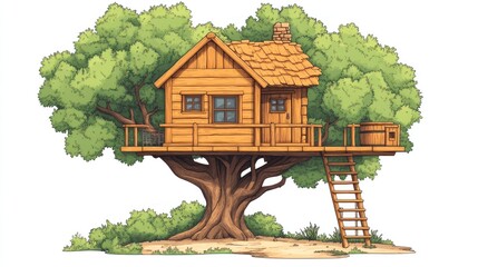 Wooden treehouse nestled in lush foliage, idyllic setting, children's book illustration