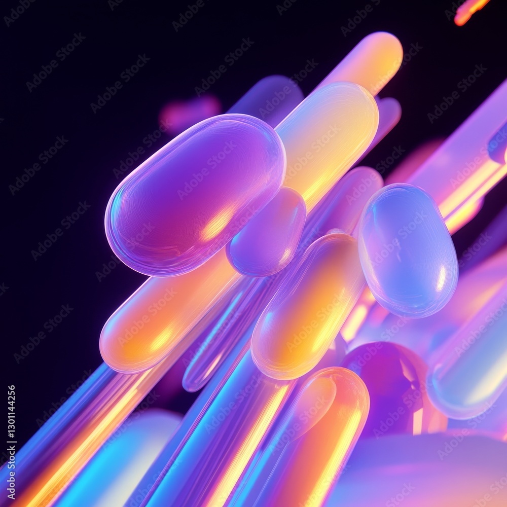 Poster abstract glowing capsules and cylinders: luminous and translucent forms on dark background