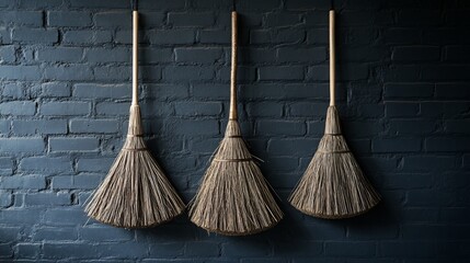 Three brooms hanging on a dark brick wall