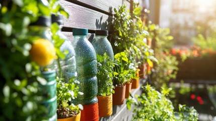 DIY home garden made from repurposed plastic bottles, growing fresh herbs and vegetables on a sunny balcony