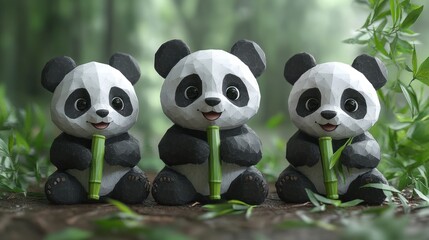 Naklejka premium Three Cute Low-Poly Pandas Bamboo Forest Digital Art