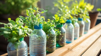 DIY home garden made from repurposed plastic bottles, growing fresh herbs and vegetables on a sunny balcony