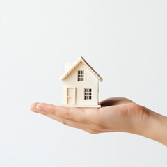 A Small Model House Presented on a Hand Against a Plain White Backdrop in a Studio Setting