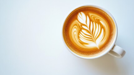 Latte Art with Floral Design in a White Coffee Cup on Background