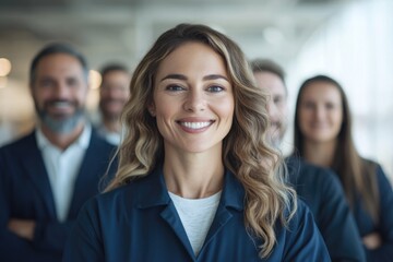 minimalistic group portrait of diverse occupational safety specialists smiling confidently at camera with background