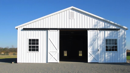 Fototapeta premium White barn exterior with large doors, open yard, rural farm setting, ideal for agricultural use, storage, and countryside landscape